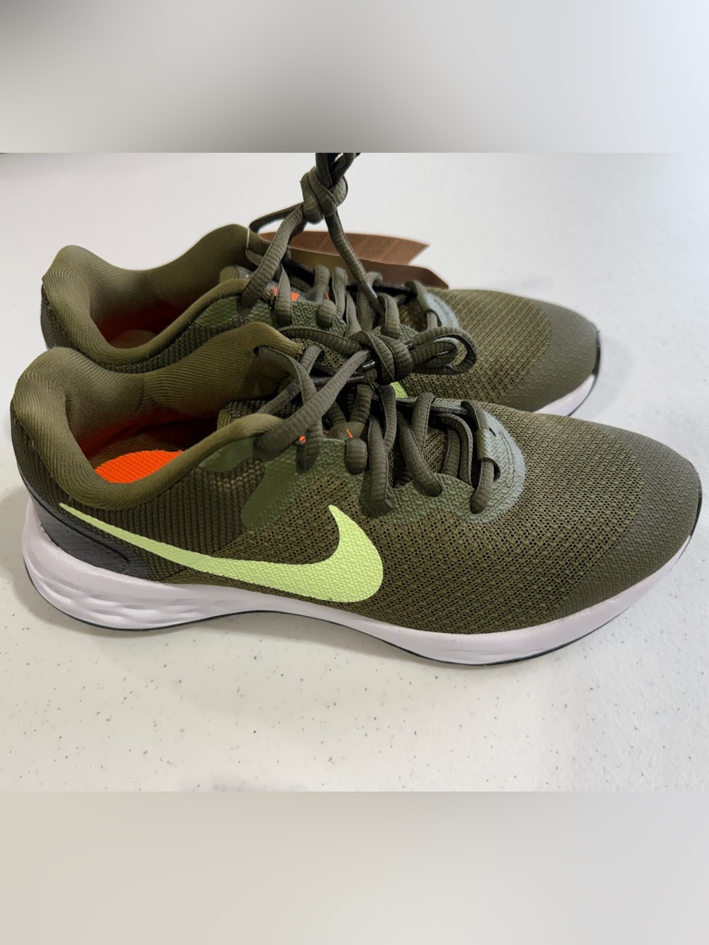 Nike Olive Green Kids Sneakers with Light Lime Swoosh